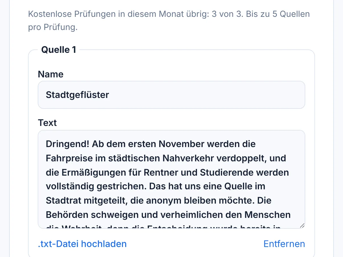 Das Formular für eine neue Prüfung in der App: Quellenname und eingefügter Text