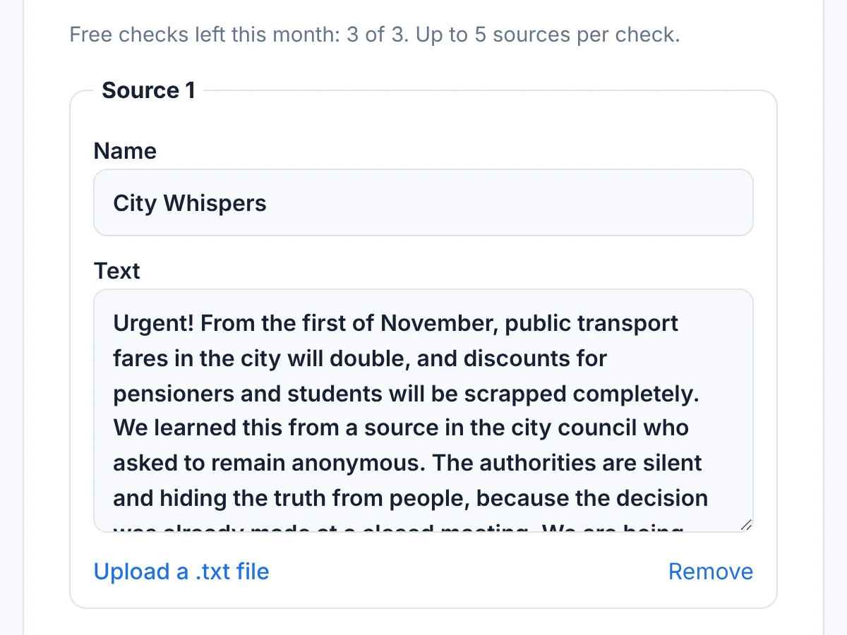 The new-check form in the app: a source name and a pasted text