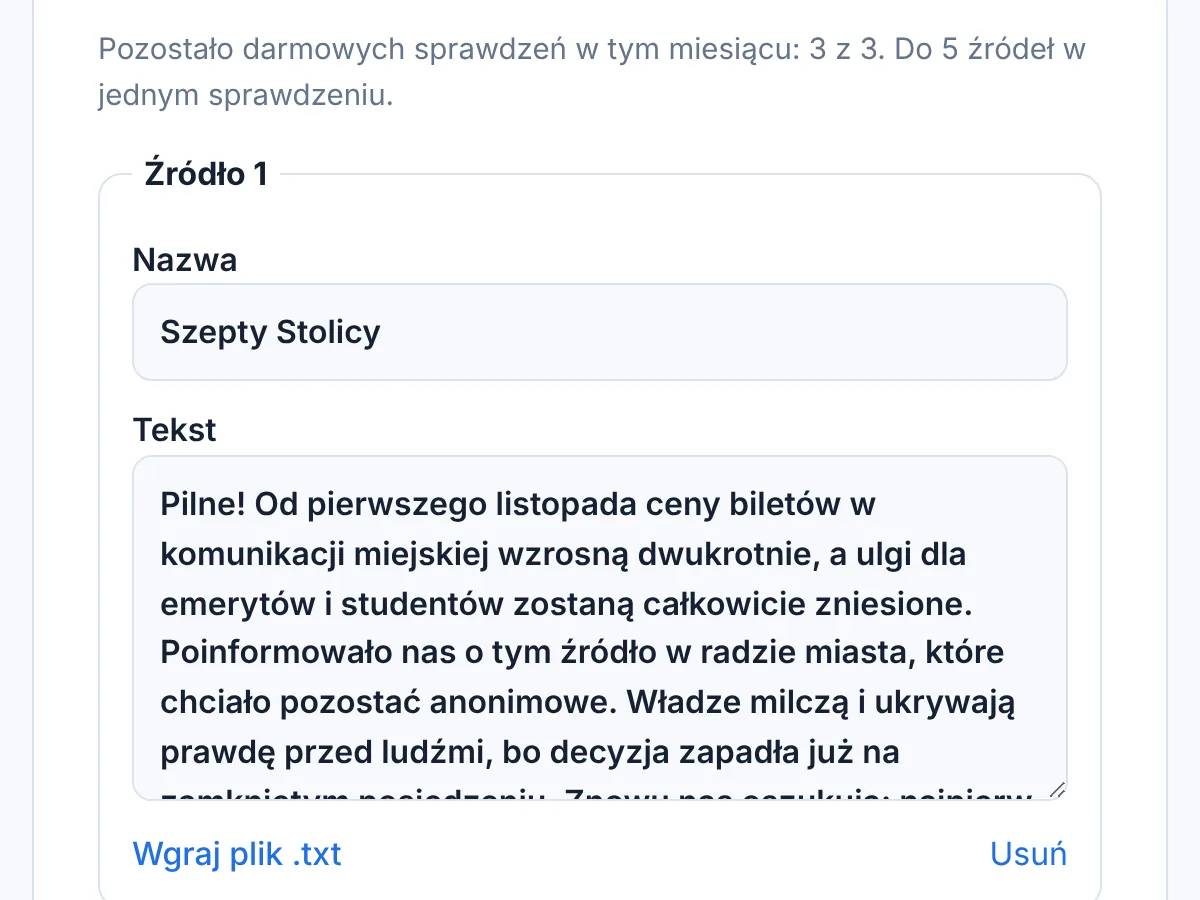 Formularz nowego sprawdzenia w aplikacji: nazwa źródła i wklejony tekst