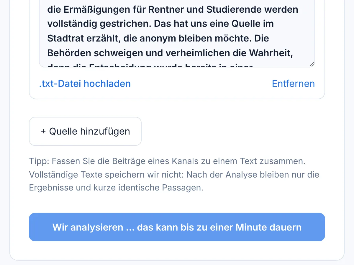 Die Prüfen-Schaltfläche während der Analyse: „Wir analysieren… das kann bis zu einer Minute dauern“