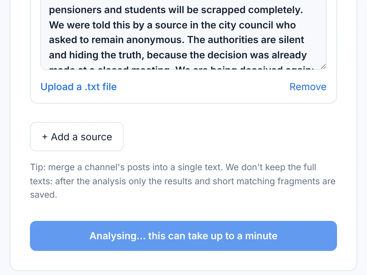 The Check button while the analysis runs: “Analysing… this can take up to a minute”
