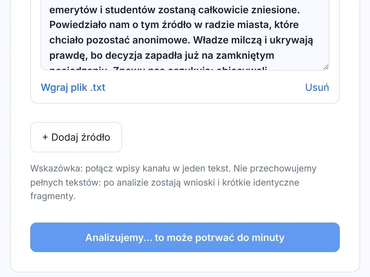 Przycisk sprawdzenia w trakcie analizy: „Analizujemy… to może potrwać do minuty”