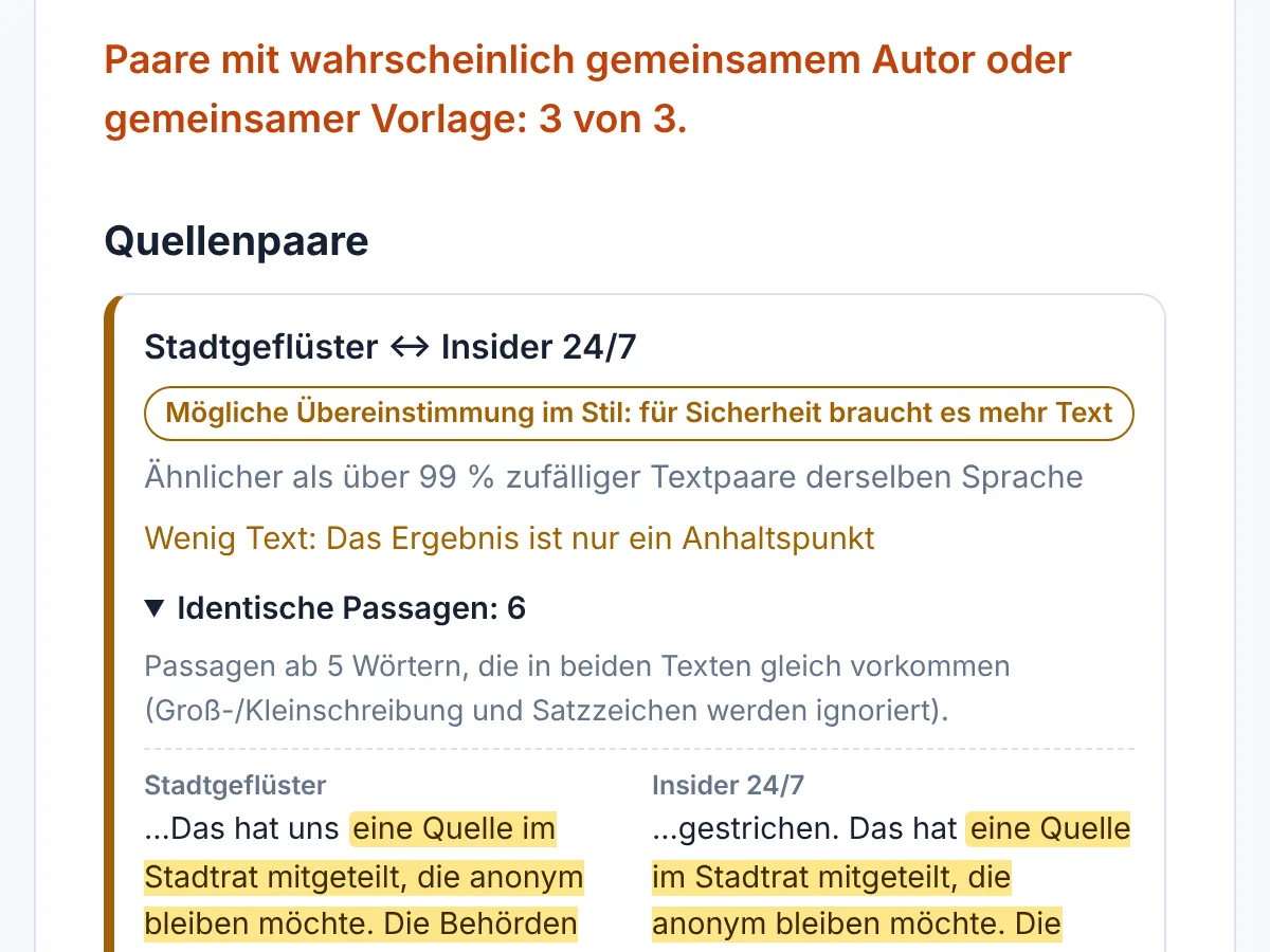 Das Ergebnis der Prüfung: Quellenpaare mit Einschätzung und markierten identischen Passagen