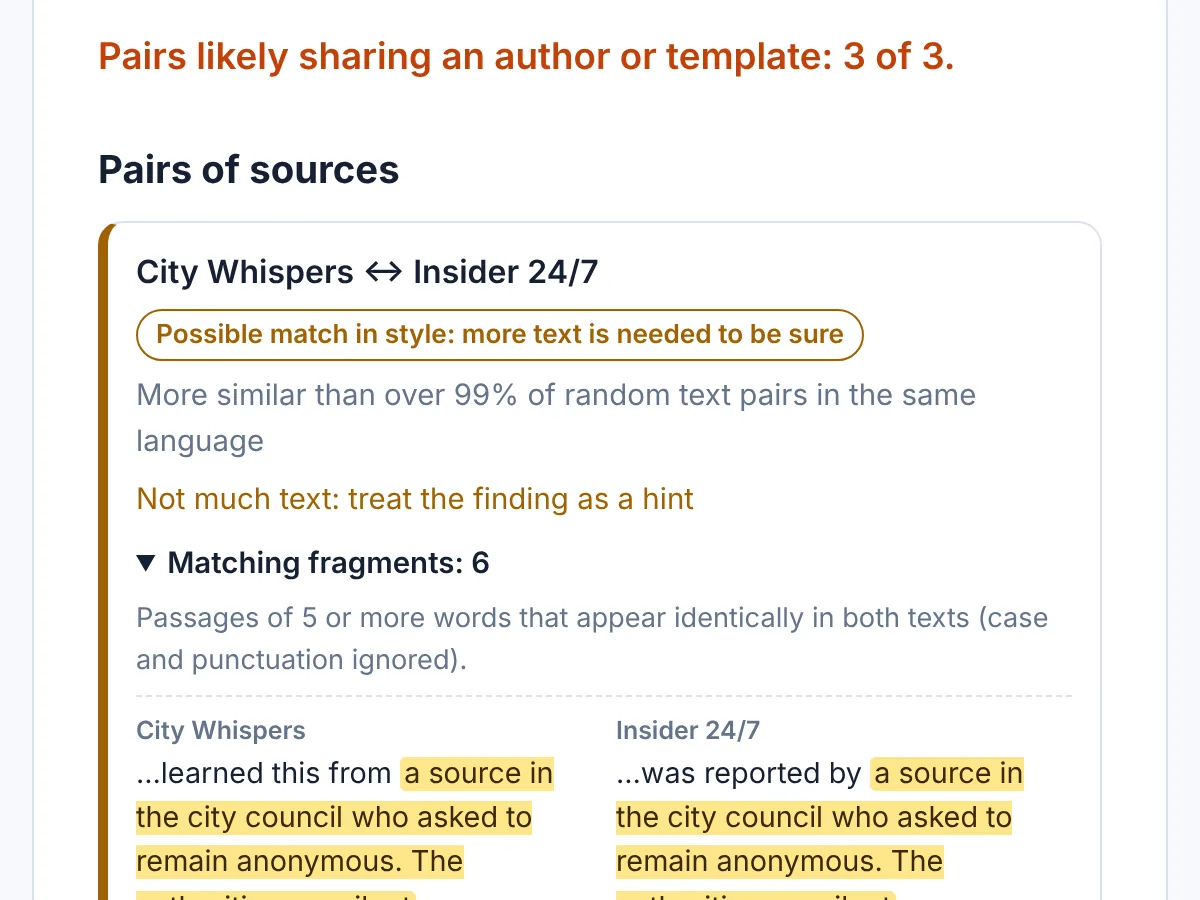 The check result: pairs of sources with a verdict and highlighted matching fragments