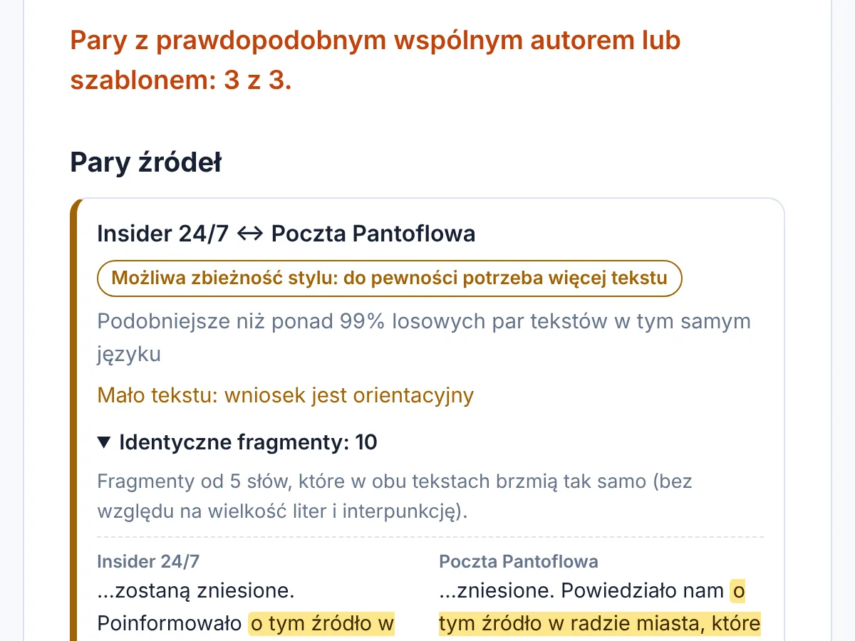Wynik sprawdzenia: pary źródeł z wnioskiem i podświetlonymi identycznymi fragmentami